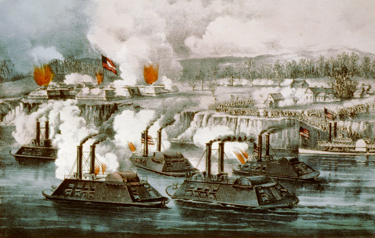 iron boats on river with fire and smoke