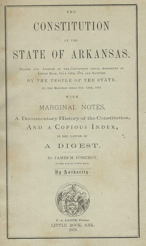 Front page of Arkansas Constitution with text and State Seal