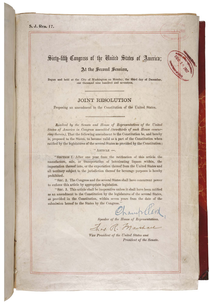 Printed signed stamped page "sixty fifth congress united states joint resolution" regarding alcohol prohibition