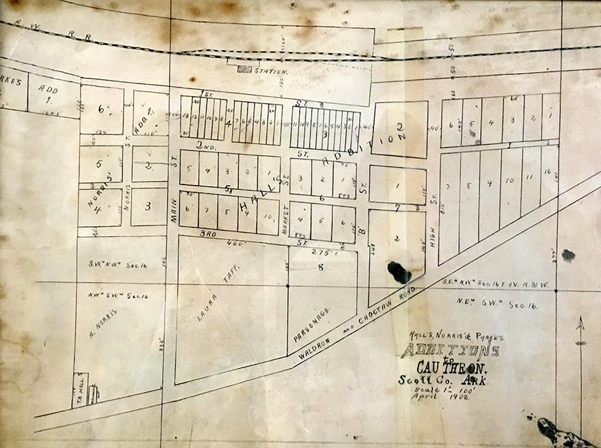 Town plat drawing with numbered plots and labeled streets
