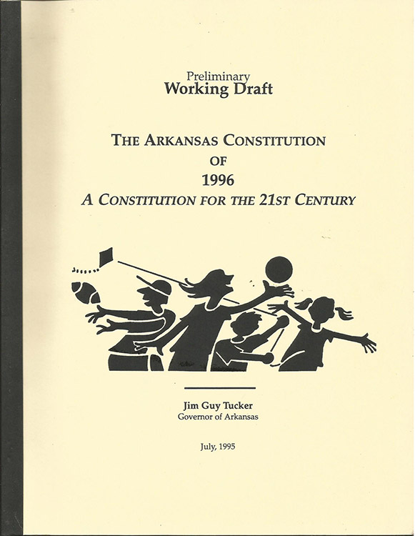 Cartoon children playing sports with text on cover of bound preliminary draft of the Arkansas Constitution