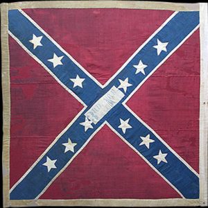 Red white and blue Confederate battle flag with regimental logo at center
