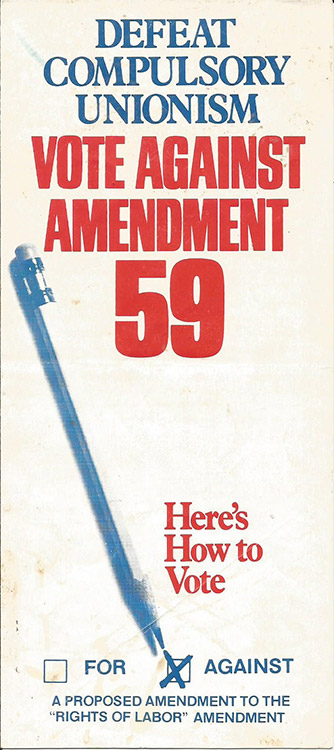 "Defeat compulsory unionism vote against amendment 59" flyer with blue and red text on white background