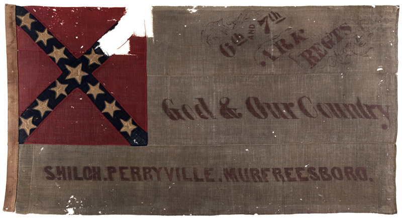 Damaged Confederate flag with stars and bars on red field in upper left corner and text on faded white background