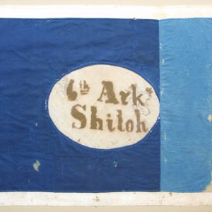 Flag with white borders and "Sixth Arkansas Shiloh" logo on blue background