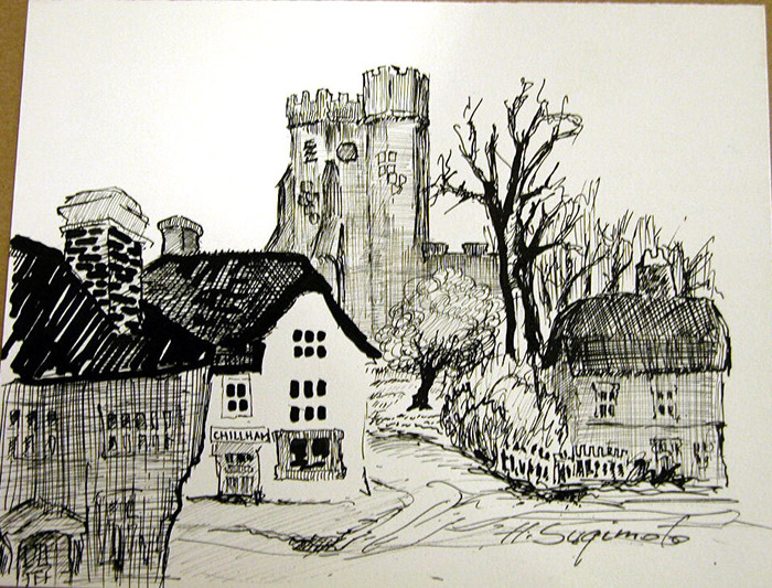 Drawing of houses with castle like building in the background