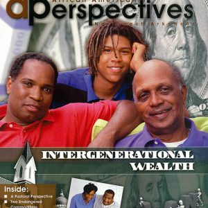 Three generations of African-American men on magazine cover with images of money behind them and text