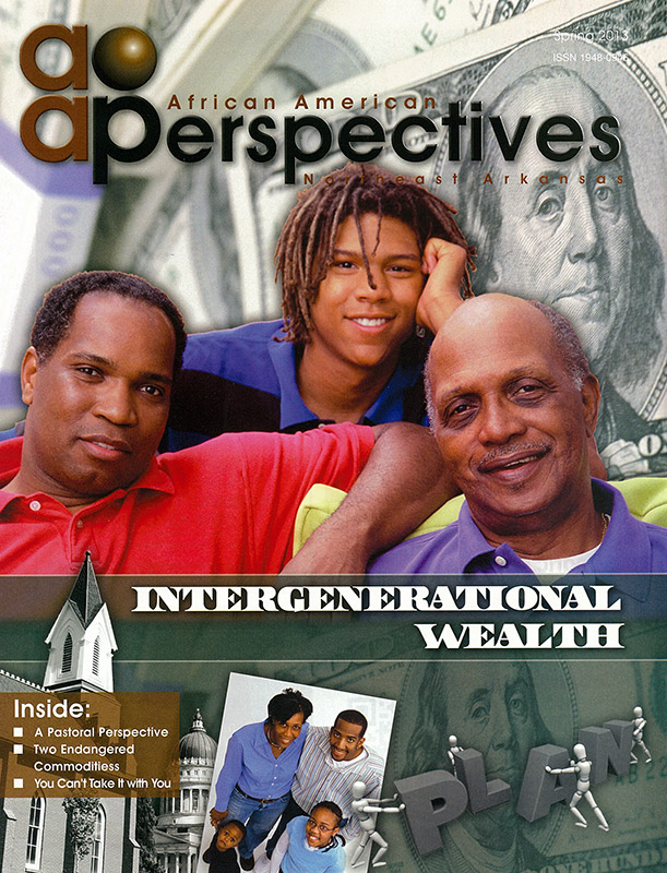 Three generations of African-American men on magazine cover with images of money behind them and text