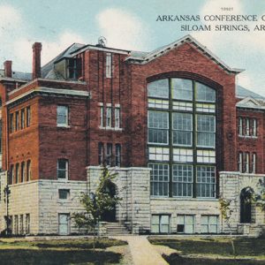 drawing of multistory stone and brick building with large windows "Arkansas Conference College"