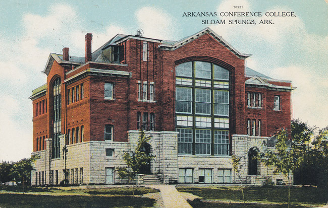 drawing of multistory stone and brick building with large windows "Arkansas Conference College"