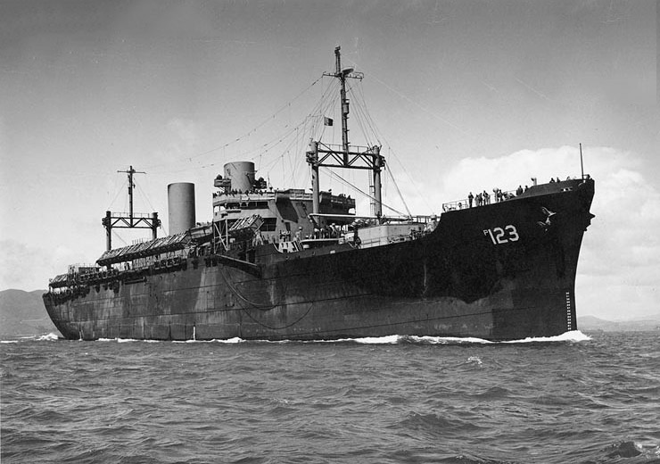 Large ship with 123 on its bow at sea