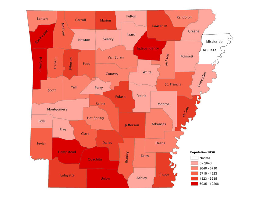 Map of Arkansas 1850 using shades of red to show population density