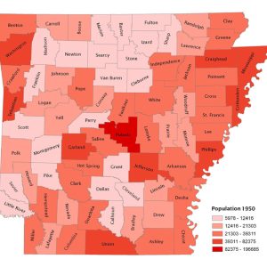 Map of Arkansas 1950 using shades of red to show population density