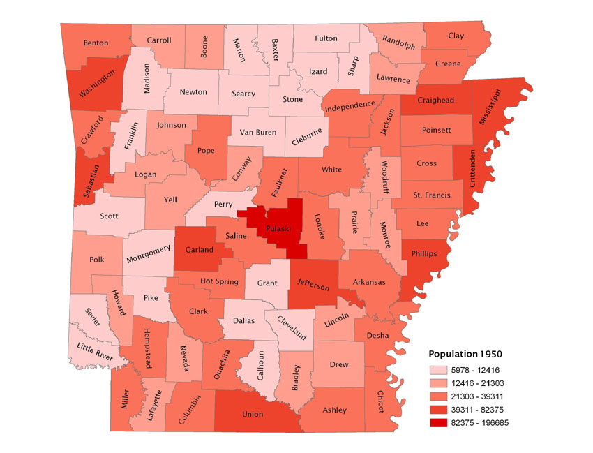 Map of Arkansas 1950 using shades of red to show population density