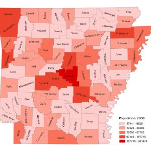 Map of Arkansas 2000 showing population density by county