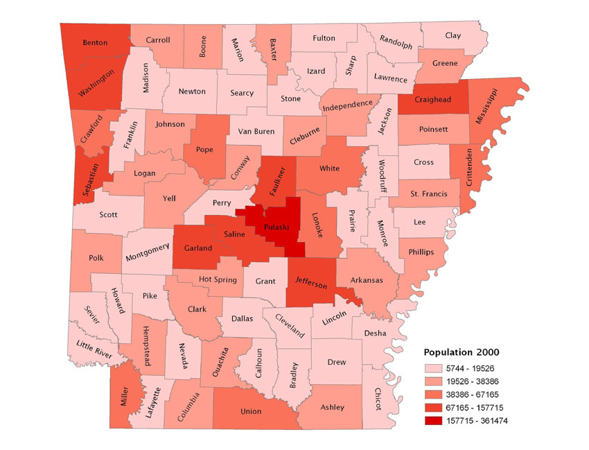Map of Arkansas 2000 showing population density by county