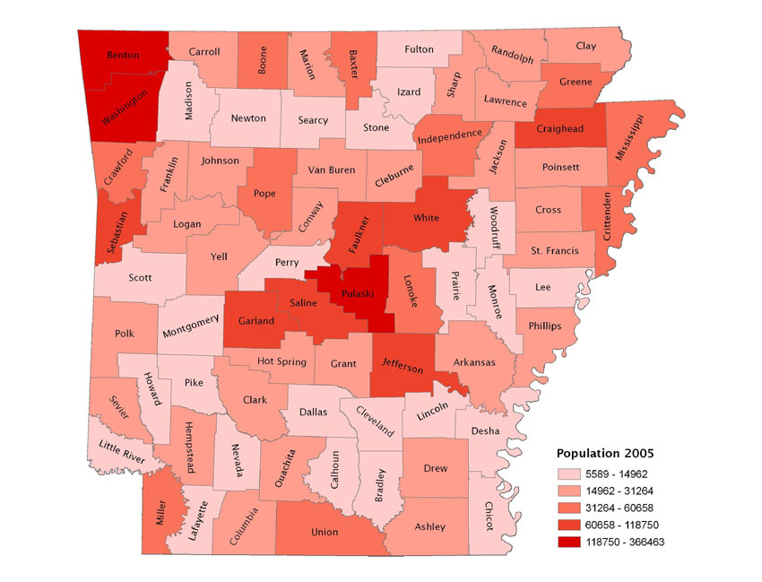 Map of Arkansas 2005 showing population by county