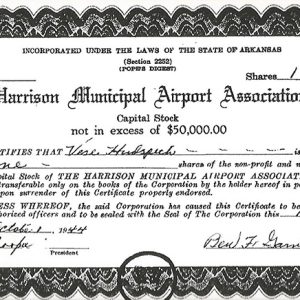 Stock certificate for the Harrison Municipal Airport Association from October 1944