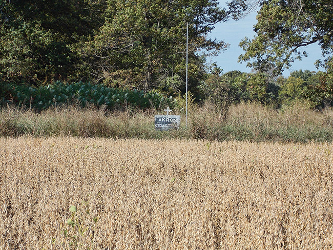 "Akron Cemetery" sign in overgrown brown field with trees in the background
