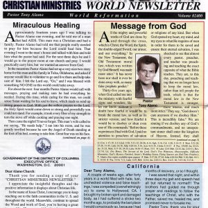 Front page of "Alamo Christian Ministries" newsletter with articles