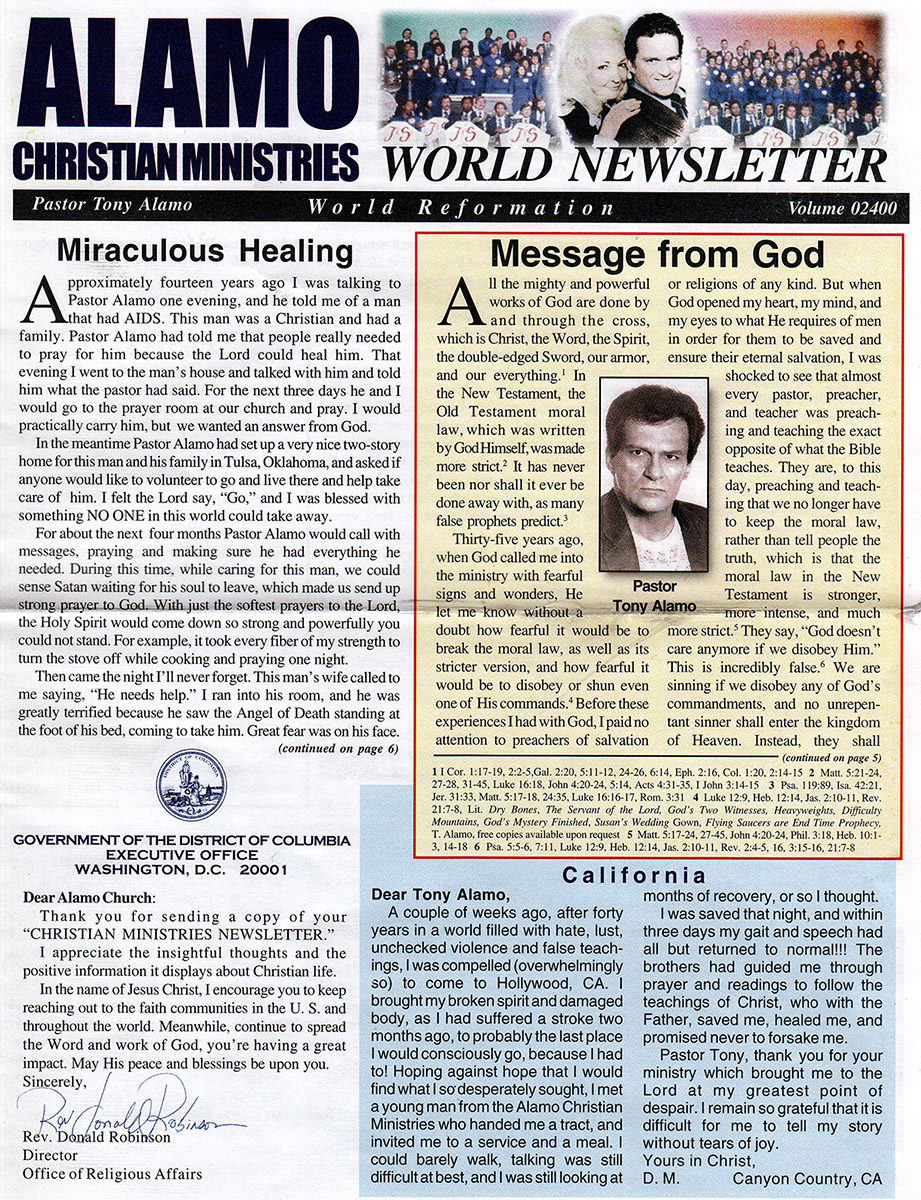 Front page of "Alamo Christian Ministries" newsletter with articles