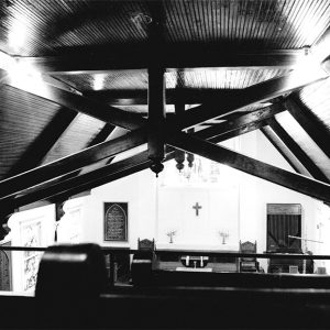 Wooden beams supporting the roof in sanctuary room