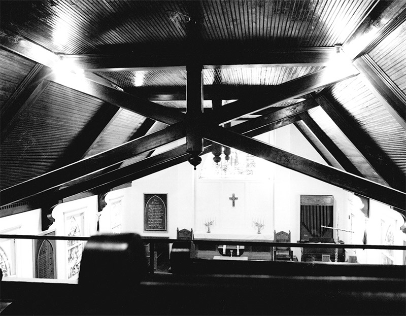 Wooden beams supporting the roof in sanctuary room
