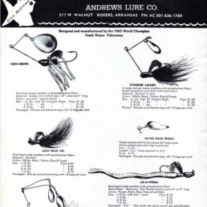 "Andrews Lure Co." flyer with lures and prices for each