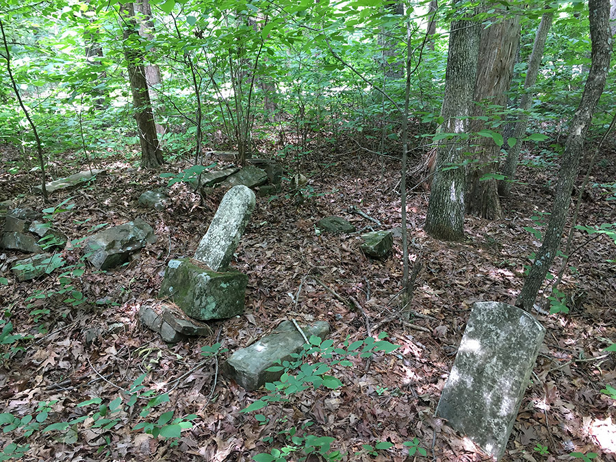 Rocks and weathered gravestones in forested cemetery