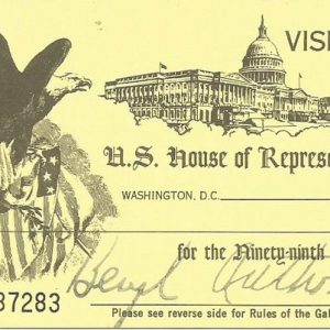 "U.S. House of Representatives" visitor's pass with drawing of multistory building with large dome next to eagle and shield
