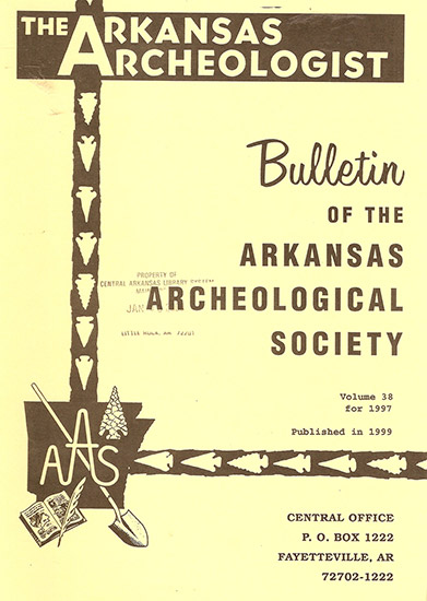 Cover of the "Arkansas Archaeologist" bulletin with arrowhead borders Arkansas shaped logo and text