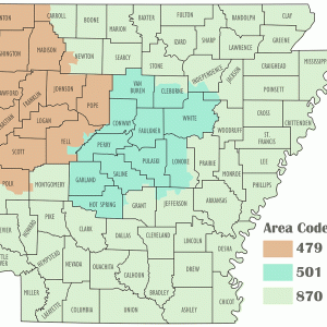 Map of Arkansas with colored sections showing Arkansas area codes