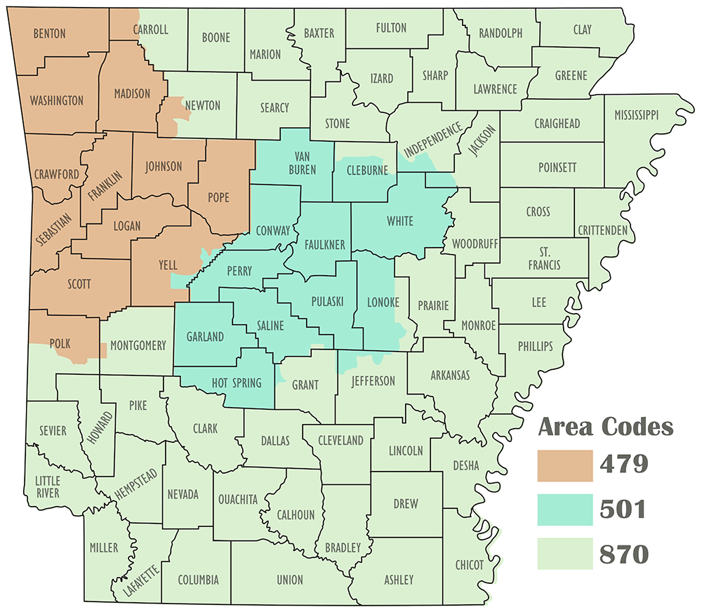Map of Arkansas with colored sections showing Arkansas area codes