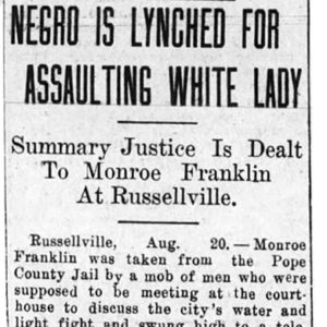 "Negro is lynched for assaulting white lady" newspaper clipping