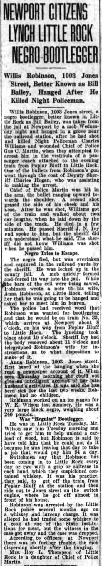 "Newport citizens lynch Little Rock Negro bootlegger" newspaper clipping