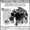 "Thousands of men and women" advertisement with cartoon document and line of people in newspaper