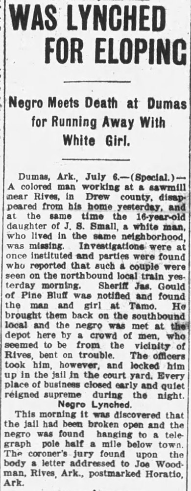 "Was lynched for eloping" newspaper clipping