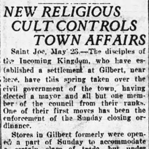 "New religious cult controls town affairs" newspaper clipping