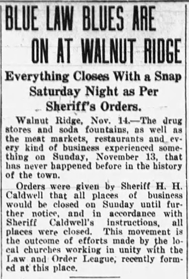 "Blue law blues are on at Walnut Ridge" newspaper clipping