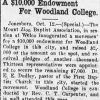 "A $10,000 endowment for Woodland College" newspaper article