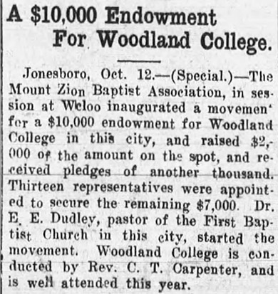"A $10,000 endowment for Woodland College" newspaper article