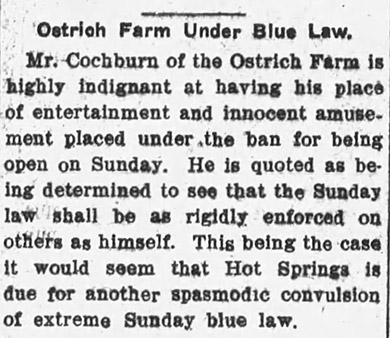 "Ostrich Farm under blue law" newspaper clipping