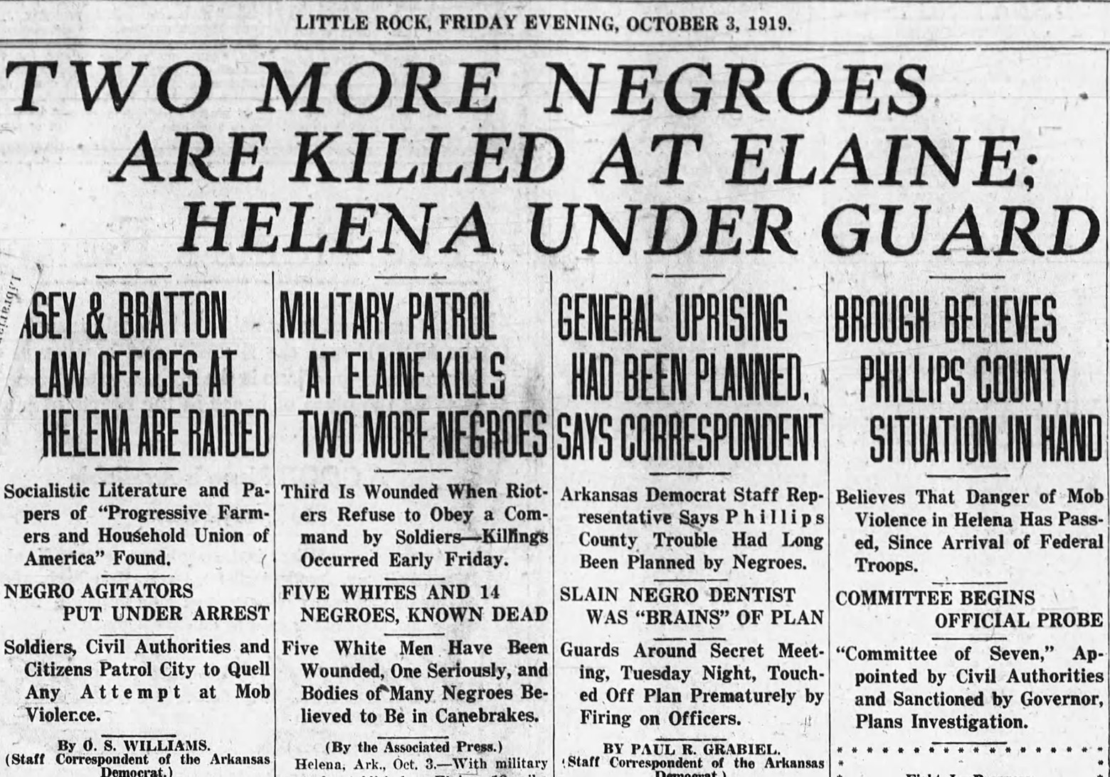 "Two more Negroes are killed at Elaine Helena under guard" newspaper clipping