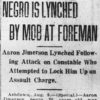 "Negro is lynched by mob at Foreman" newspaper clipping