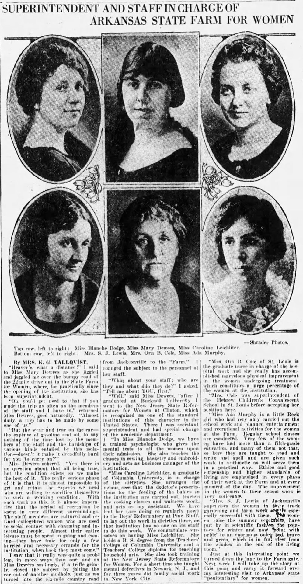Portraits of six white women in newspaper with article text