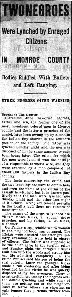 "Two Negroes Were Lynched by Enraged Citizens" newspaper clipping