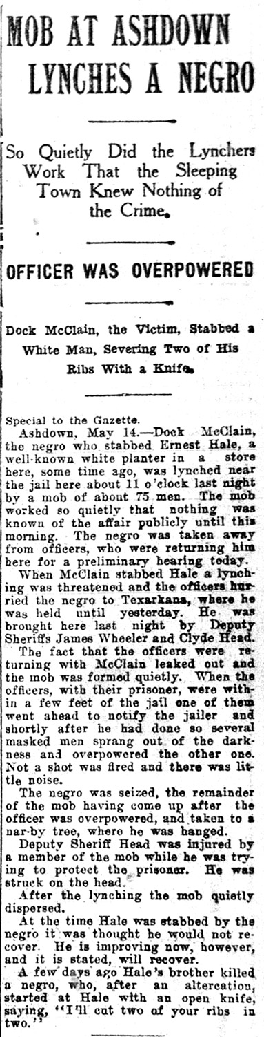 "Mob at Ashdown lynches a Negro" newspaper clipping
