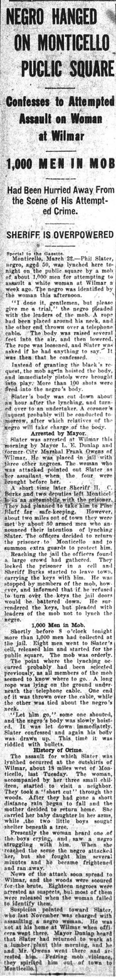 newspaper article headline reads "Negro hanged on Monticello puclic square confesses to attempted assault on woman at Wilmar 1000 men in mob"