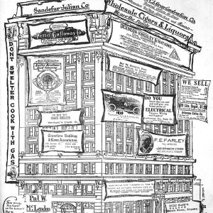 Cartoon of tall building with advertisements on its sides in newspaper