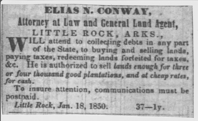 "Elias N Conway Attorney at Law and General Land Agent" newspaper clipping